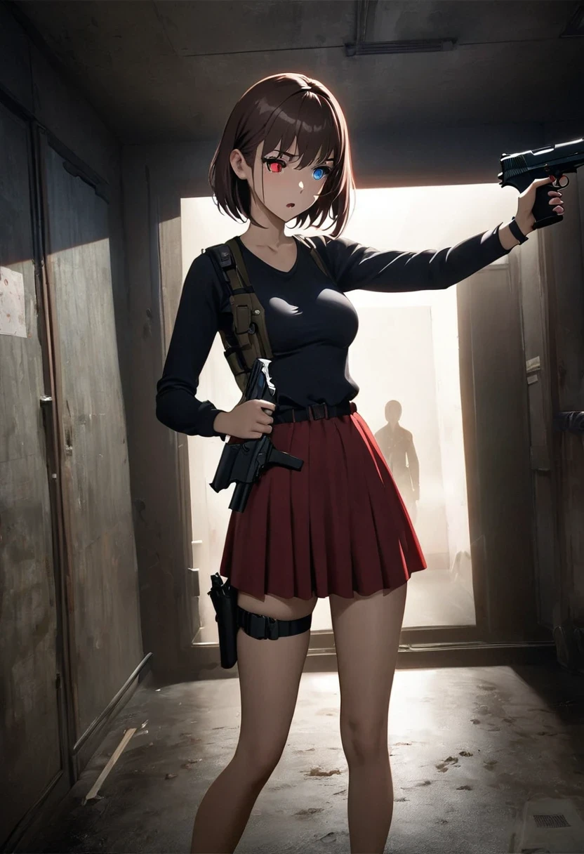 Anime Reality,Soft Light, masterpiece, best quality,high quality,Delicate face,1 Girl,whole body, permanent,In a dark room,
resident Evil, there is someone there, 1 Girl, Beretta 92, blue eyes, breast, skirt,hair behind ear, pistol, Heterochromia, Holding a gun,  gun holster, knife, Laser sight, medium breast, Open your mouth, red skirt, Red Eyes, sheath, sheathed, short hair, Dentate skin,  thigh gun holster, Thigh straps