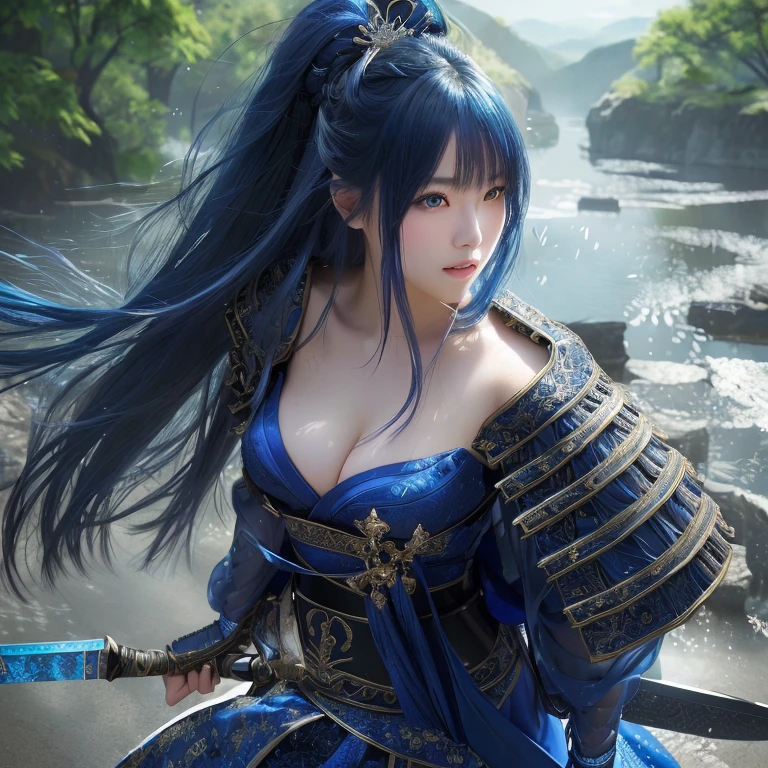 A woman in a blue dress holding a sword in her hand, Beautiful digital art,  Maid, Beautiful character drawings, Beautiful and attractive woman, Amazing fantasy art, Beautiful Female Warrior, Ultra high definition、masterpiece、correct、Anatomically correct、Textured skin、Very detailed、High detail、high quality、最high quality、High resolution、8k、Surrealism、Raw photo、whole body、Beautiful Teenage Woman、One Japanese woman、Big beautiful eyes、Larger breasts