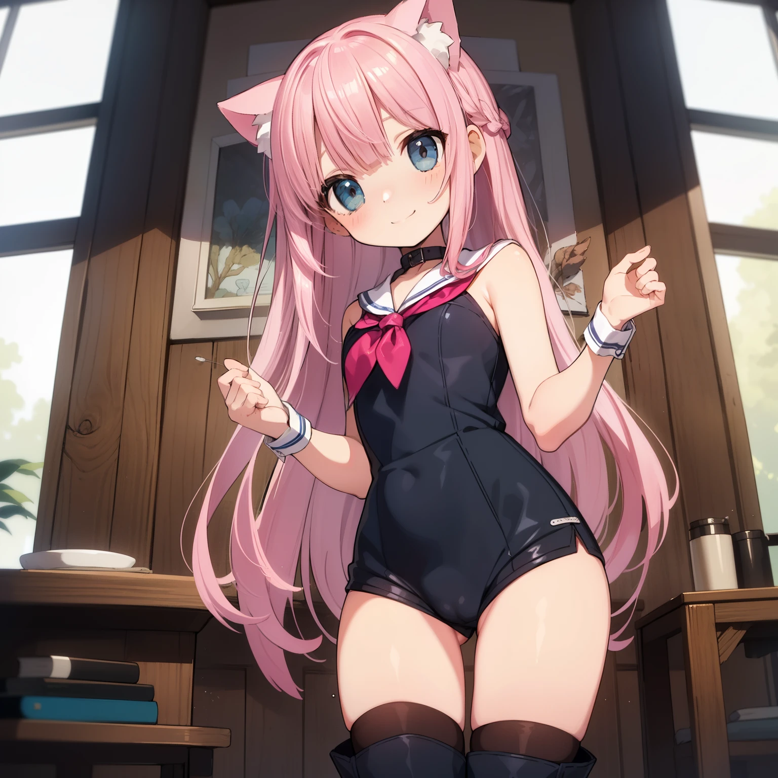 Beautiful illustration, Best Quality, (-yeld gi1.2)、(Lori:1.4)、is standing、 Sailor collar、naked、no panties、(Pink pussy)、no shorts, thigh high socks 、(Beautiful thighs)、(Gap between thigh and shorts)、Brown Lace-Up Short Boots, Long crimson double-sided upholstery, Beautiful blue eyes, Cinematic lighting, Euphoric smile,(Long pink hair)、Occipital1Two large black ribbons、Braiding of the back of the head、tilt your head、(cute petit girl:1.4),