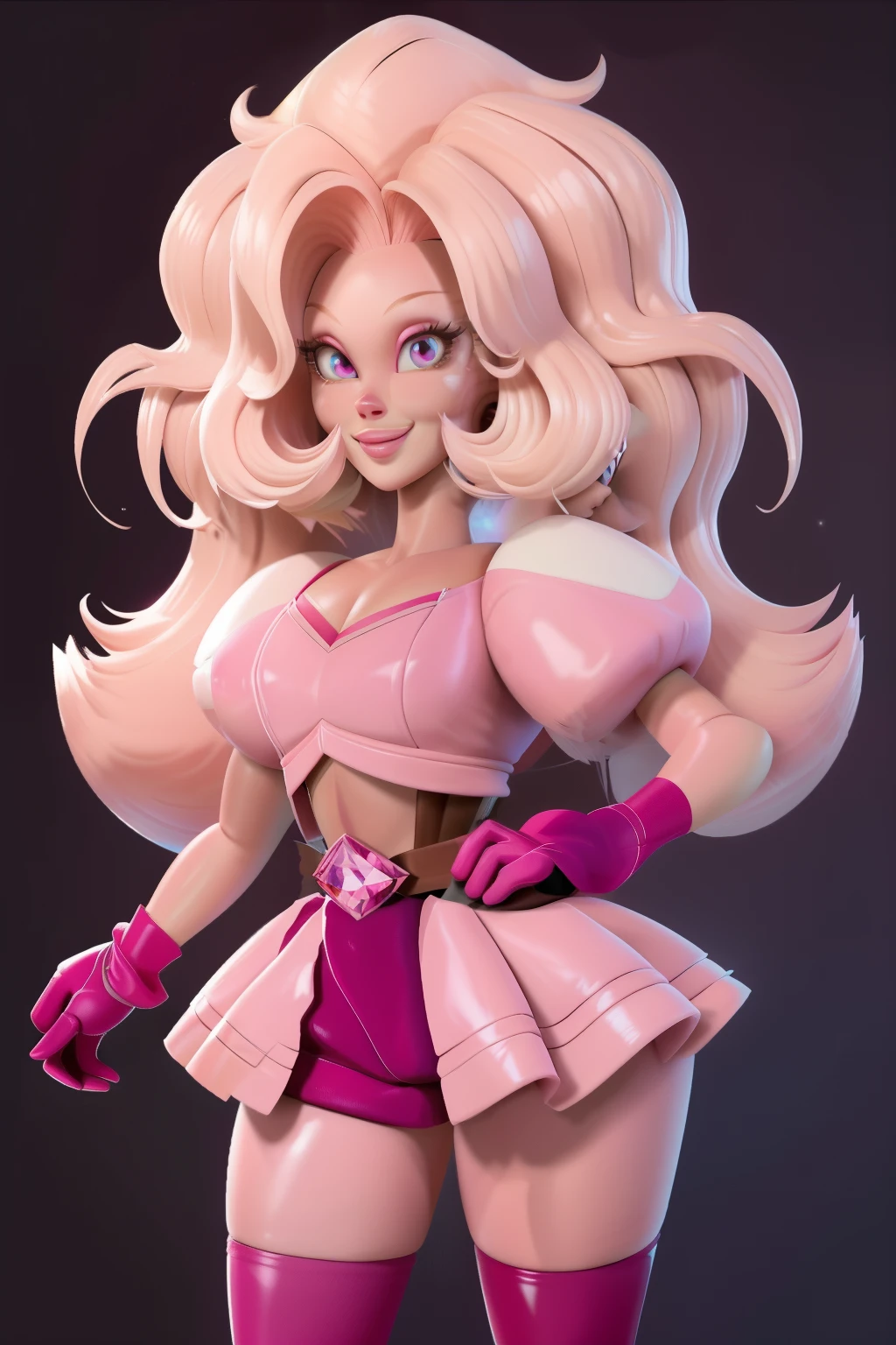 pnkdamond, pink hair, pink eyes, big hair, stomach gem, pink skin, toned,
puffy short sleeves, elbow gloves , white thighhighs, puffy dress,
standing, upper body,
outerspace,
(insanely detailed, beautiful detailed face,beautiful detailed eyes, masterpiece, best quality) cinematic lighting, smile,