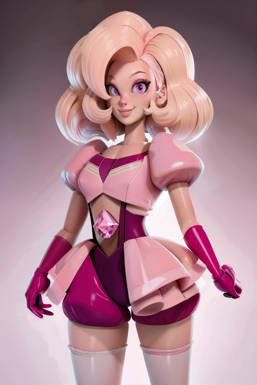 pnkdamond, pink hair, pink eyes,  big hair,  stomach gem,  pink skin,  toned, 
puffy short sleeves, elbow gloves ,  white thighhighs,   puffy dress, 
standing, upper body, 
 outerspace,  
(insanely detailed, beautiful detailed face,beautiful detailed eyes, masterpiece, best quality) cinematic lighting,  smile, 
 