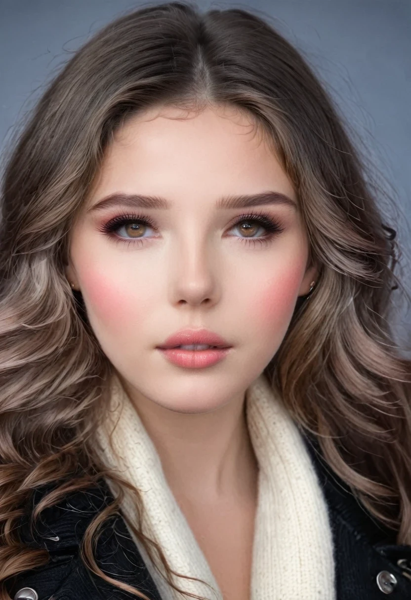 girl, long brown hair, Gray eyes, Sharp features, White skin, Pink lips, Wavy Hair, sweater, Brown jacket