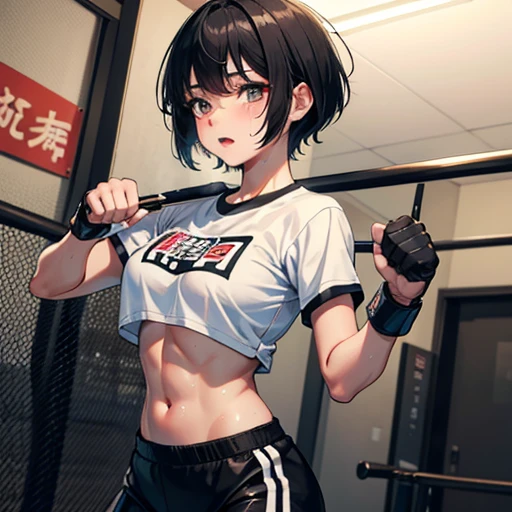 Cute Japanese high school girl with short cut, dark hair, drenched in sweat. Training at a mixed martial arts gym. Desperately working out her muscles by sit-ups. Out of breath, tank top, leggings, open finger gloves. Small breasts, poor belly, slender body, poor body.
