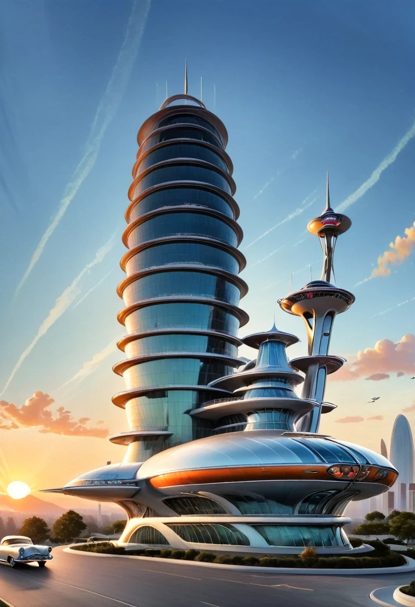  Energetic, The Jetsons building with a retro-futuristic style，With smooth curves and chrome trim, Sunset skyline against the backdrop, Inspired by the art style of the original animated series.