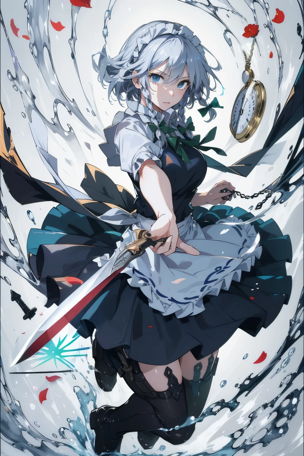 masterpiece, best quality, illustration, 1girl, solo, Izayoi Sakuya, (white short hair), maid headband, sharp eyes, (vivid color), light, thick smoke:1.6, (floating white ink:1.8), Cyan flame, (beautiful and clear background:1.25), (depth of field:0.7), Dreamlike, (highres:1.2), (ultra-detailed:1.2), (extremely detailed CG unity 8k wallpaper:1.2), (traditional media), (sketch:1.1), finely detailed beautiful eyes and detailed face, Knives, (flying petals:1.2), (knives in right hand and pocket watch in left hand:1.3), Knifefight, dynamic colors, colorful, dynamic pose, dynamic angle, (full body:1.3), Touhou, knife, holding Knives, izayoi sakuya, medium breasts, (detailed eyes), cute, beauty, HDR, 4K, nier anime style, harmony, fighting stance, izayoi sakuya