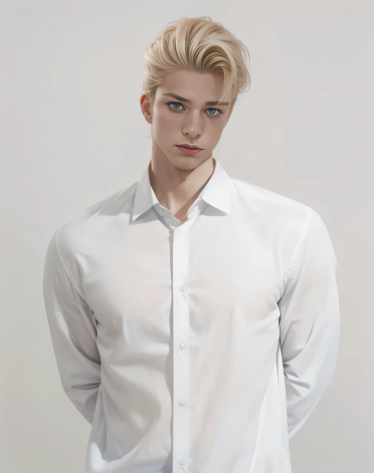 arafed man with blonde hair and blue eyes wearing a white shirt, androgynous male, clothed in white shirt, fine white shirt, an epic non - binary model, androgynous person, delicate androgynous prince, attractive androgynous humanoid, wearing white shirt, white shirt, white wrinkled shirt, muscle