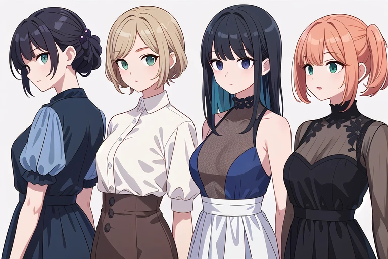 (((Best Quality))) , ((upper body)), 4 lady, adult woman, (facing away), multiple views, white background, variety of hairstyles, variety of fashion styles, fashionable and trendy atmosphere, dark blue/dark orange/dark green/dark violet/brown/white, (looking to the side),