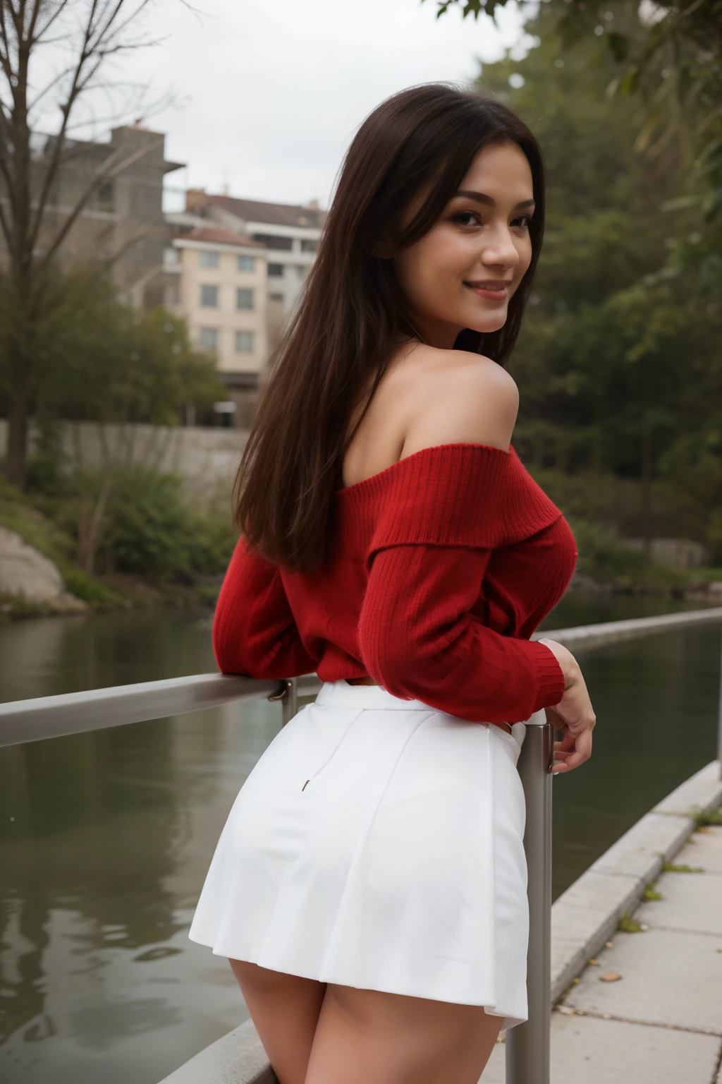 A beautifull girl| Doukyuusei Remake Classmate Remake, masterpiece, best quality, a beautiful sexy mature woman in red sweater and white skirt leaning over railing holding a white purse beside a river, 1girl, breasts, solo, bag, white floral skirt, turtle neck sweater, outdoors, bare shoulder, jewelry, looking at viewer, smile, ,long straight hair, black hair, brown eyes, left forehead hairstyle, long-slitted and narrow eyes, slender face, medium breasts, slender body, beautiful , beautiful ass
