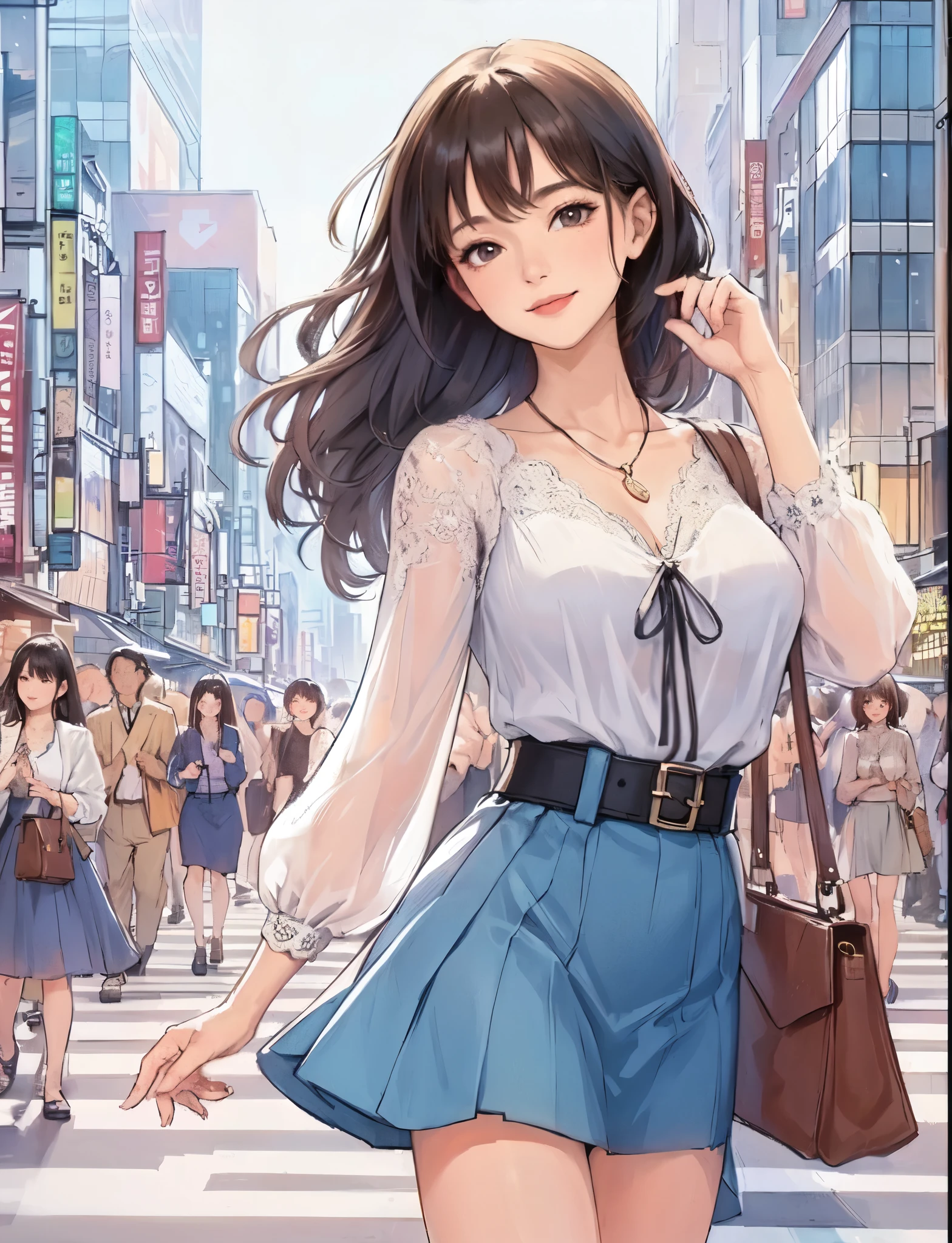 1lady solo, (strolling through city), (stylish outfit) (refreshing attire), mature female, /(dark brown hair/) bangs, kind smile, (masterpiece best quality:1.2) delicate illustration ultra-detailed, large breasts BREAK (holding designer's bag) BREAK (populous downtown) outdoors, noon, crowded, detailed background