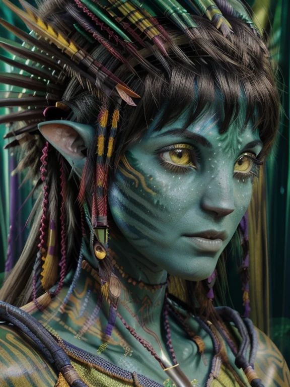 avatar style, (face portrait:1.6), naavi, 1girl, female, (yellow eyes), (big eyes), ((eyebrowless)), pointy ears, (green skin tone:1.0), (straight hair:1.0), brown hair color, ((pixie cut hair)), (young adult), 18 years old, face wrinkles, ((wearing colorful tribal clothing)), (wearing tribal acessories), detailed eyes, toned body, muscled body, vibrant colors, glowing, ethereal atmosphere, surrealistic dreamy lighting, textured skin, otherworldly beauty, mesmerizing photography, (best quality, highres), vivid colors, ultrarealistic, skin details, striped skin, sfw, face close-up:0.5, ultradetailed body, ((forest green skin)), dark background, night time