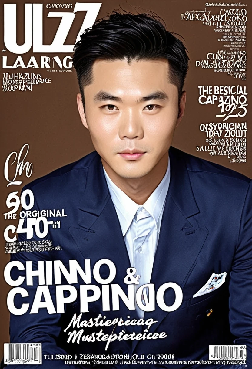 magazine cover:1.3),ulzzang-6500,Cover text,Chino,(Practical:1.3)(estilo da capa:1.3)(The original:1.2),masterpiece,Best quality,a man's,Full Body Love,Wearing a black suit vest,Take the lead knot,Pants,((((((((The face is covered with red and black grimaces)))))))),(Digital Distortion),Pixelate fragments,Corrupted data,Color noise,Visual confusion,Contemporary Aesthetics,Posing elegantly,