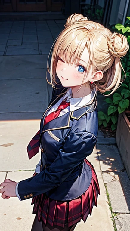 ((highest quality)), ((masterpiece)), (Very detailed), (Very high resolution), ((Realistic)), 8k, Perfect Line Drawing, Beautiful line art,
Anime 2D Rendering, (The best CG), Ultra-detailed art,
One Girl:1.5,
Symmetrical facial features:1.4, Perfect Face, Beautiful clavicle, Beautiful fingers, Beautiful breasts, (Slightly smaller chest),
Beautiful body, Beautiful thighs, Beautiful feet, Perfect round butt, (Detailed skin), (Shiny skin:1.2, Beautiful white skin:1.4),
BREAK , cute, 18-year-old,
Double eyelids, Natural eyebrows,
(Expression of fine eyes, Beautiful and delicate eyes, twinkle in the eyes, blue eyes),
Glossy mouth,
Beautiful Hair, Shiny Hair, Hair fluttering, (Blonde, (Double buns on both sides)),
BREAK
((Collared short-sleeved shirt, White shirt, Navy blue plain blazer, Red checkered pleated skirt, Red tie))、((Sheer black pantyhose)、loafers)、
Earrings、
BREAK
(Enchanting、Embarrassed expression、(Ehehe)、Blushing、one eye closed), (Character Focus、breast focus), (Are standing、Turn your face towards me、Look up here、Top view)、Sunlight、garden