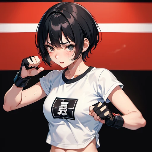 Cute Japanese high school girl with short-cut black hair. She practices counter-punching at a mixed martial arts gym. Very sweaty, out of stamina, slender body, poor belly, small breasts, t-shirt, spats, open finger gloves.