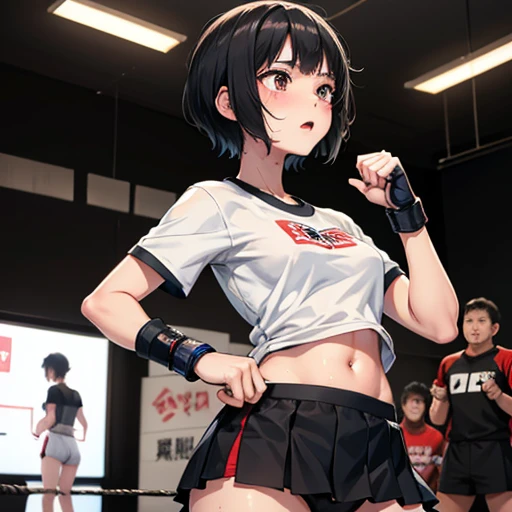 Cute Japanese high school girl with short-cut black hair. She practices counter-punching at a mixed martial arts gym. Very sweaty, out of stamina, slender body, poor belly, small breasts, t-shirt, spats, open finger gloves.