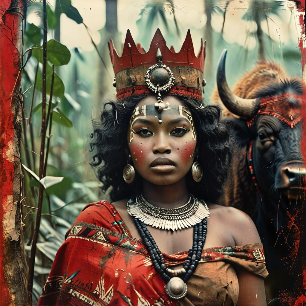 old photo style, beautiful face, detailed face, vintage shot, studio portrait of an (fat beautiful African goddess) with a buffalo on your side, a wearing red African luxury tribal dress clothes, queen crown, fat, ((thick body)), detailed, vintage destroyed photography, intricate detail, very detailed, a masterpieces, hyperdetailed trending on artstation, blurred, jungle studio photo, volumetric lighting 1500s photograph of a tribal queen full body, large format, highly detailed, Kodak Tri-x 400, AnalogFilm768