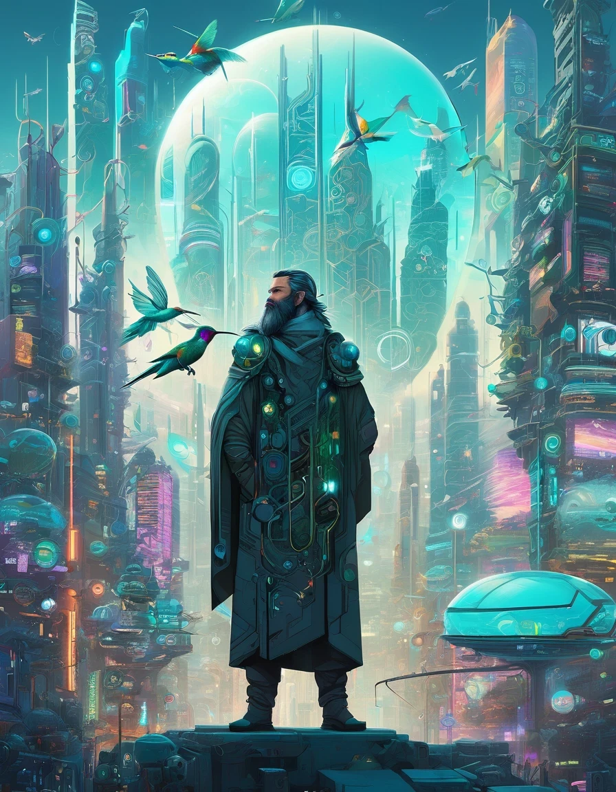 One with a beard、Man with futuristic look standing in front of city, By Mike "Bepple" Winkelmann, Portrait of a digital shaman, Mixed style beeple, Hummingbird Artwork, beeple 和 jeremiah ketner, 8 0 Style Thomas Allen Koppela, Greg Beeple
