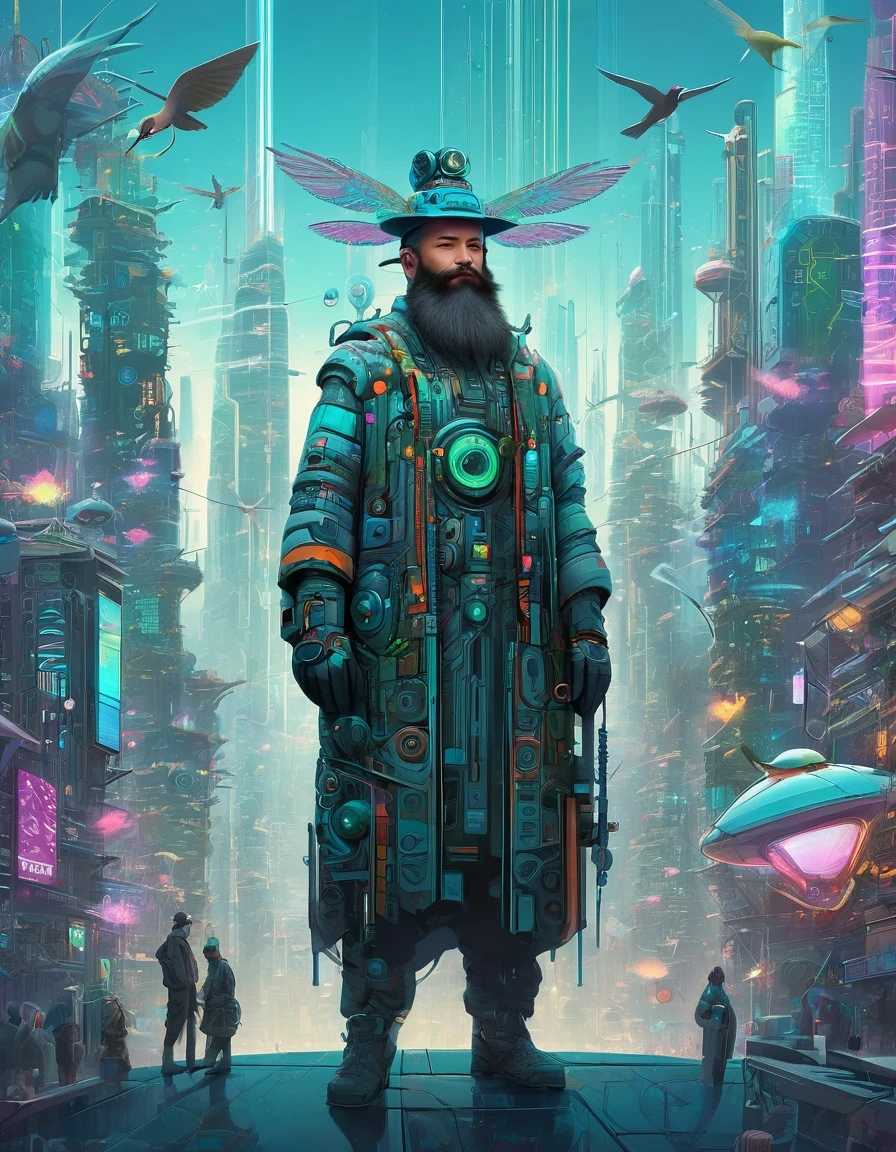 One with a beard、Man with futuristic look standing in front of city, By Mike "Bepple" Winkelmann, Portrait of a digital shaman, Mixed style beeple, Hummingbird Artwork, beeple 和 jeremiah ketner, 8 0 Style Thomas Allen Koppela, Greg Beeple
