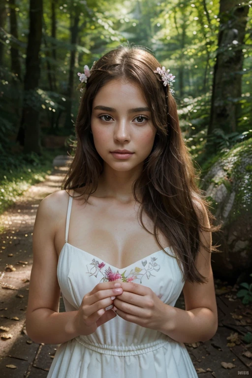 (best quality,4k,8k,highres,masterpiece:1.2),ultra-detailed,(realistic,photorealistic,photo-realistic:1.37),a girl with beautiful detailed brown hair,long dark lashes and captivating brown eyes,face with flawless skin and rosy cheeks,intense gaze directly into the camera,standing in the middle of a lush green forest,bathed in the warm rays of sunlight,highlighting her stunning features,she wears a flowing white dress with floral patterns that gently sways in the breeze,her hands delicately holding a bouquet of wildflowers,pink and purple petals contrasting against her graceful figure,the forest is filled with colorful blooms and tall trees,casting long shadows on the ground,a gentle stream flows nearby,its crystal-clear water glimmering under the sunlight,the air is filled with the sweet scent of blooming flowers,a sense of tranquility and serenity permeates the scene,dappled light filtering through the dense foliage,creating a magical and ethereal ambiance,the girl exudes a sense of mystery and allure,as if she holds a secret that only the forest knows,a painting-like illustration that captures the enchanting beauty of nature and the captivating gaze of the girl,hinting at a hidden story waiting to be discovered by the viewers.