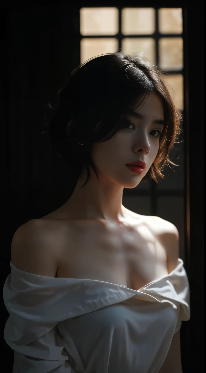 Best quality, masterpiece, ultra high res, (photorealistic:1.5), raw photo, 1girl, offshoulder, in the dark, deep shadow, low key, cold light, sexy look, short hair, swimsuit