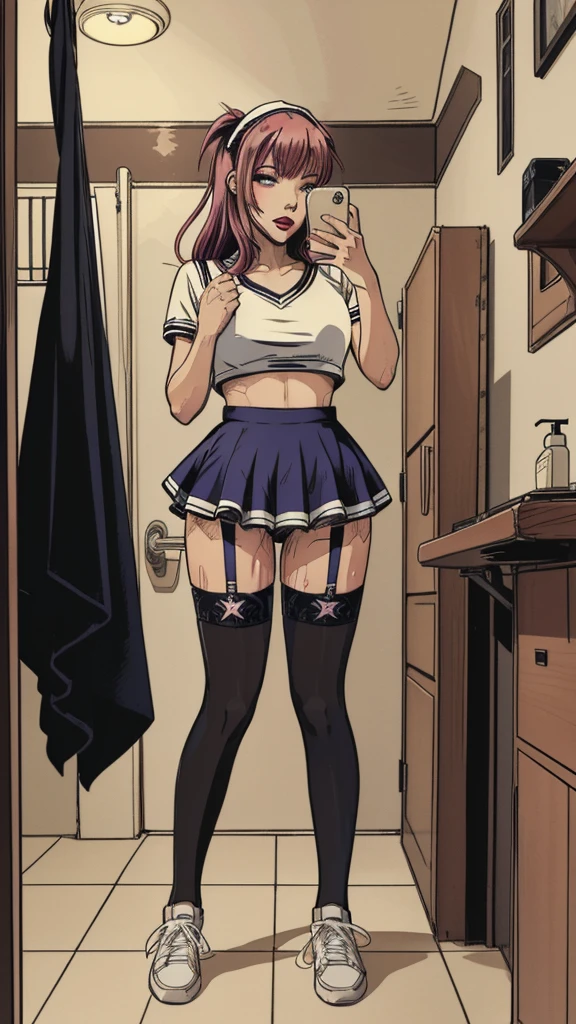 vector image:1.2, 2d cartoon,masterpiece, An anime woman, blush,colored hair, bold makeup, nylon stockings with garters:1.2, cheerleader uniform, horny pose:1.1, gloomy orgasm, sneakers, selfie, in restroom, full body