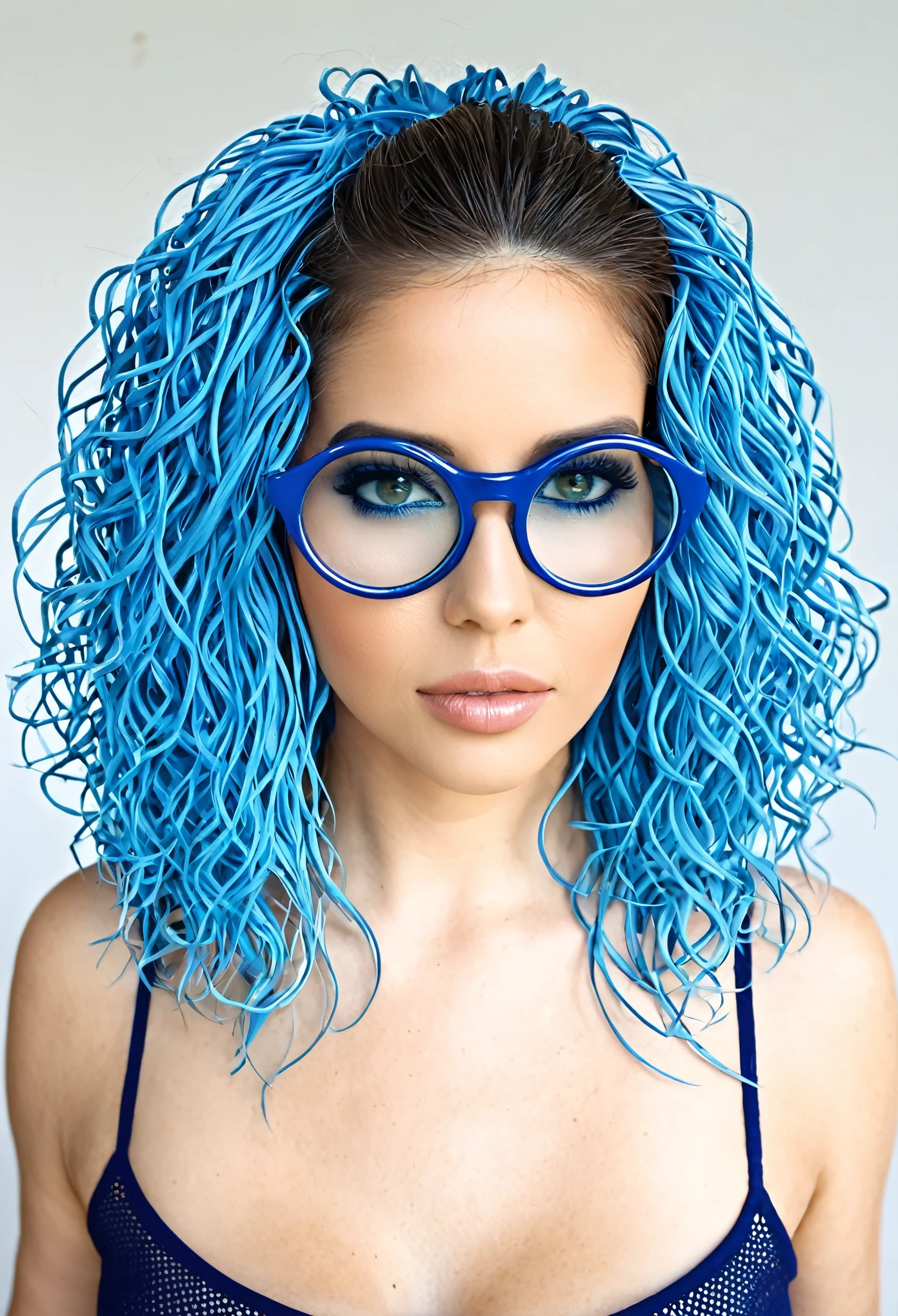 Garota de cabelo cacheado e oculos redondo, cropped azul colado no corpo, seios grandes, cintura muito fina e quadril muito largo