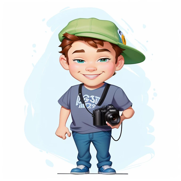 Disney Pixar, 4k, a cartoon boy with a camera and a hat, cartoon portrait, cartoon digital art, in cartoon style, caricature style, caricature illustration, caricature, CARTOON ARTstyle, cartoon art digital, professional illustration, CARTOON ART, cartoon digital painting, high quality portrait, realistic cartoon, hd illustration, Cartoon style illustration, cartoon drawing, chibi, color digital illustration