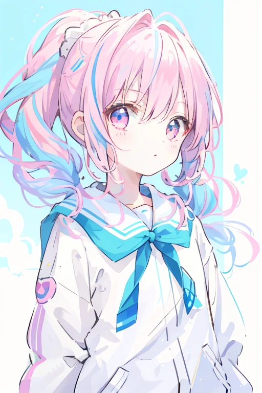 1 girl, oasis, Brush Sticker, Double Ponytail, Triple White, Tartan, Pink and blue gradient hair,, White Background,Twin tails,Pink Hair Color,Angel's Smile,