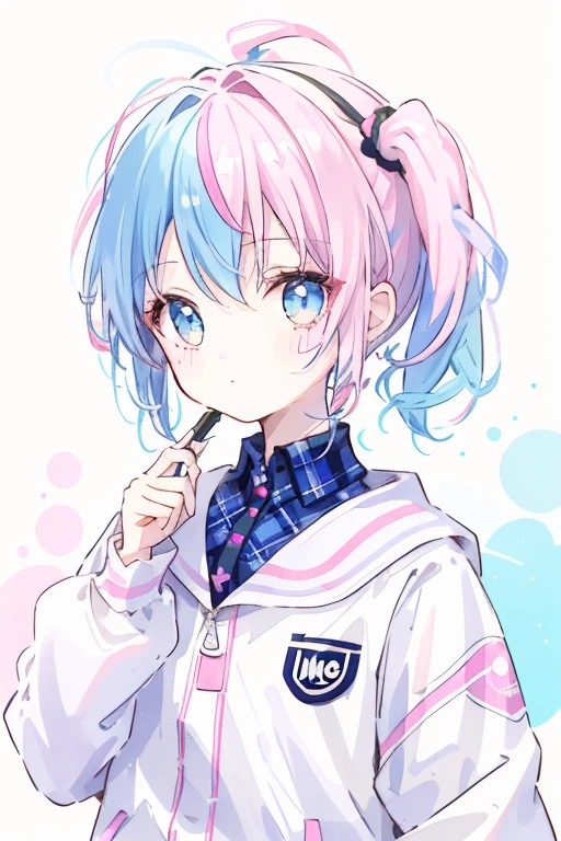 1 girl, oasis, Brush Sticker, Double Ponytail, Triple White, Tartan, Pink and blue gradient hair,, White Background,Twin tails,Pink Hair Color,Angel's Smile,