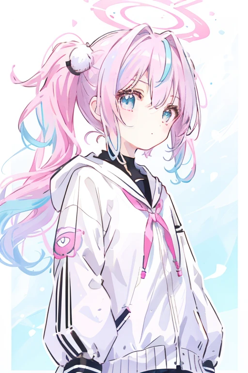 1 girl, oasis, Brush Sticker, Double Ponytail, Triple White, Tartan, Pink and blue gradient hair,, White Background,Twin tails,Pink Hair Color,Angel&#39;s Smile,