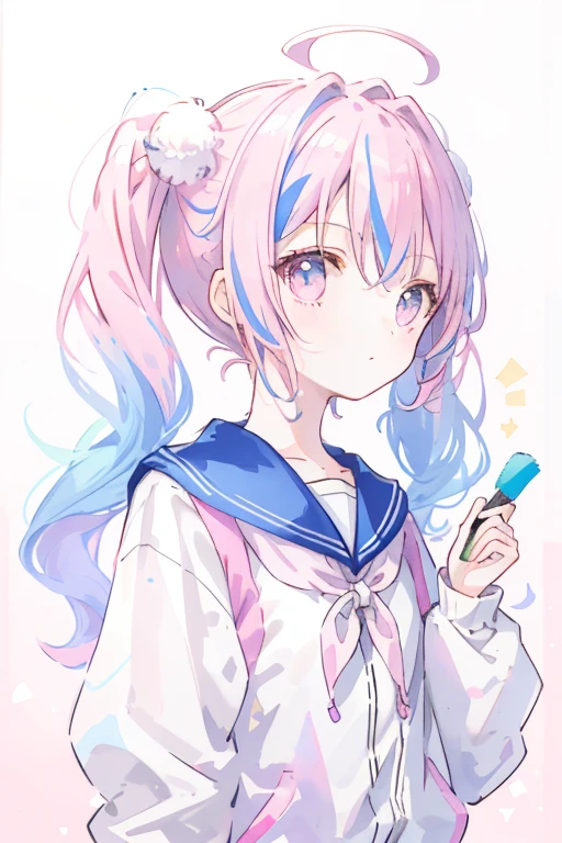 1 girl, oasis, Brush Sticker, Double Ponytail, Triple White, Tartan, Pink and blue gradient hair,, White Background,Twin tails,Pink Hair Color,Angel&#39;s Smile,