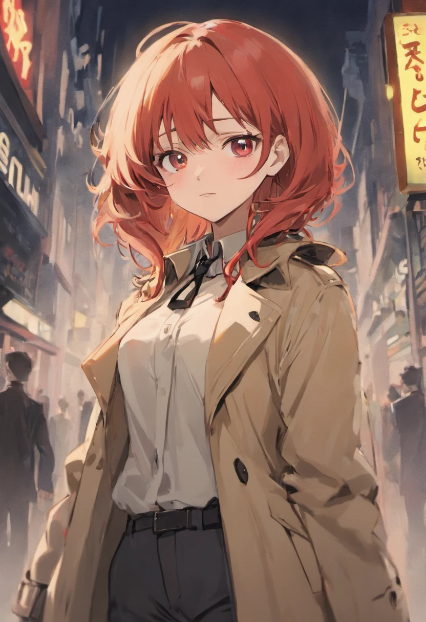 Largo, Straight red hair Light red eyes Light skin Wears a classic tan trench coat over a white button-down shirt and black pants Black Oxford shoes Always wears a silver watch and small earrings