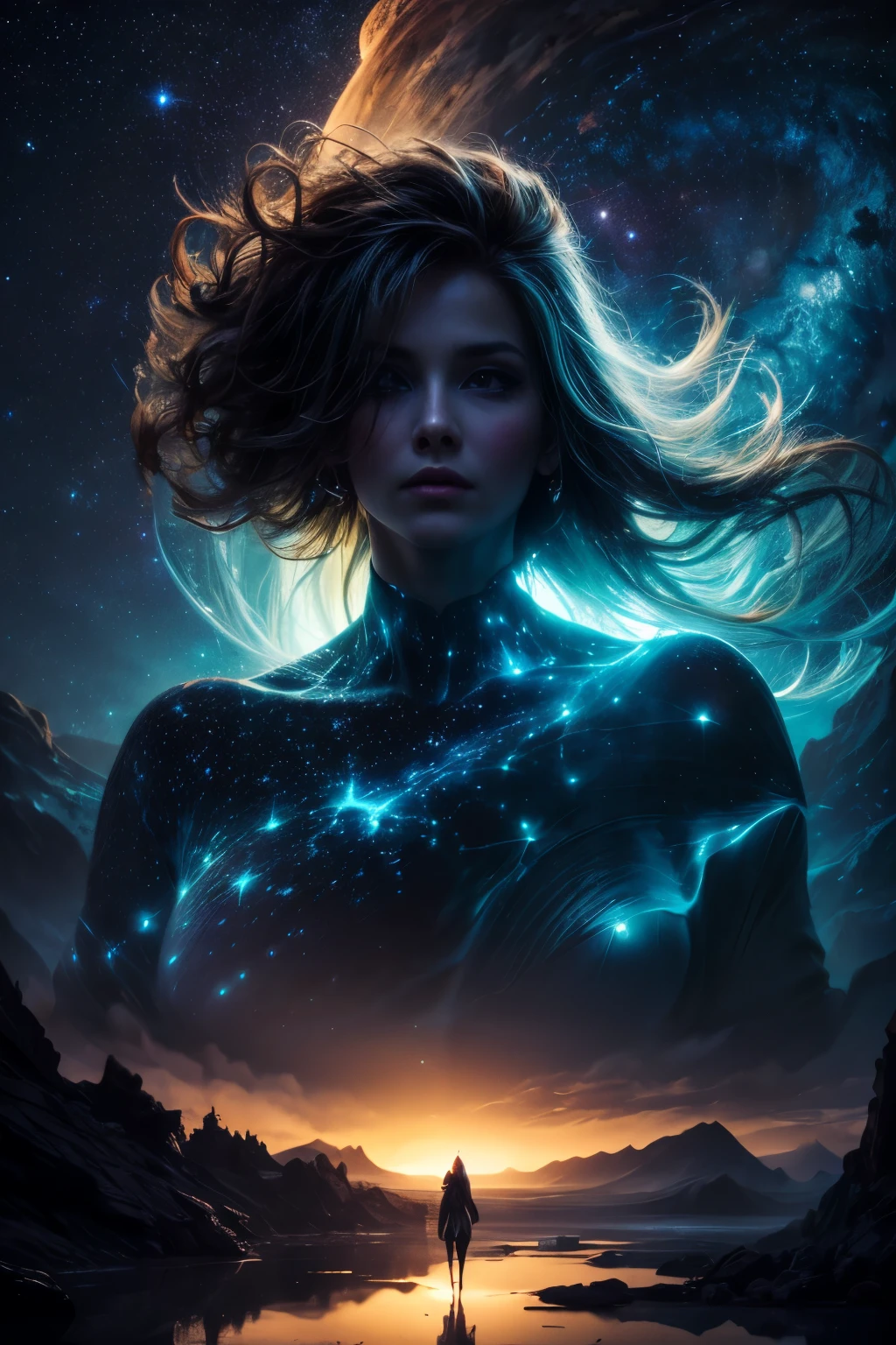 A surreal depiction of Nyx, the Greek goddess of the night, standing tall in a vast, starlit landscape. Nyx is portrayed as a stunning woman with flowing hair made of swirling galaxies, her cloak billowing out like tendrils of darkness. She stands with an aura of power and mystery, surrounded by ethereal beings representing sleep and death. In the foreground, a river of shadows winds its way through the scene, reflecting the shimmering stars above. The middle ground showcases ancient ruins half-shrouded in mist, hinting at the passage of time in Nyx's realm. In the background, distant mountains loom under a sky ablaze with constellations, creating a sense of vastness and wonder. The scene is bathed in a soft, otherworldly glow, emphasizing Nyx's celestial nature and enigmatic presence. The overall mood is both captivating and eerie, evoking a sense of reverence for the goddess of the night. The style is surreal and fantastical, with a blend of cosmic and mythological elements, creating a dreamlike atmosphere.