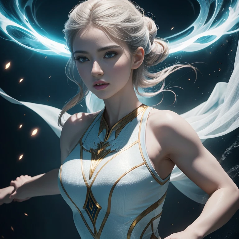 Athletic female character with porcelain-pale complexion, divine and powerful pose, emanating great power, beautiful and majestic, cinematic style, strong feminine facial features, bright glowing effects, ethereal atmosphere, photographed with emphasis on powerful radiance and brightness