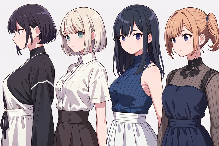 (((Best Quality))) , ((upper body)), 4 lady, adult woman, (facing away), multiple views, white background, variety of hairstyles, variety of fashion styles, fashionable and trendy atmosphere, dark blue/dark orange/dark green/dark violet/brown/white, (looking to the side, from side),