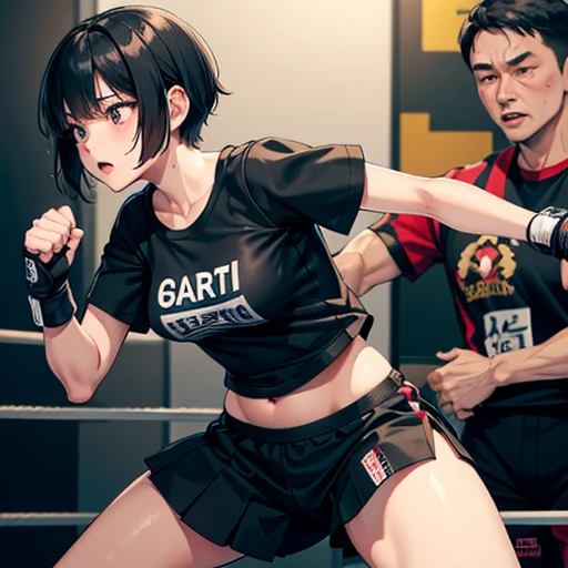 Cute Japanese high school girl with short-cut black hair. She practices counter-punching at a mixed martial arts gym. Very sweaty, out of stamina, slender body, poor body, poor belly, small breasts, t-shirt, spats, open finger gloves.