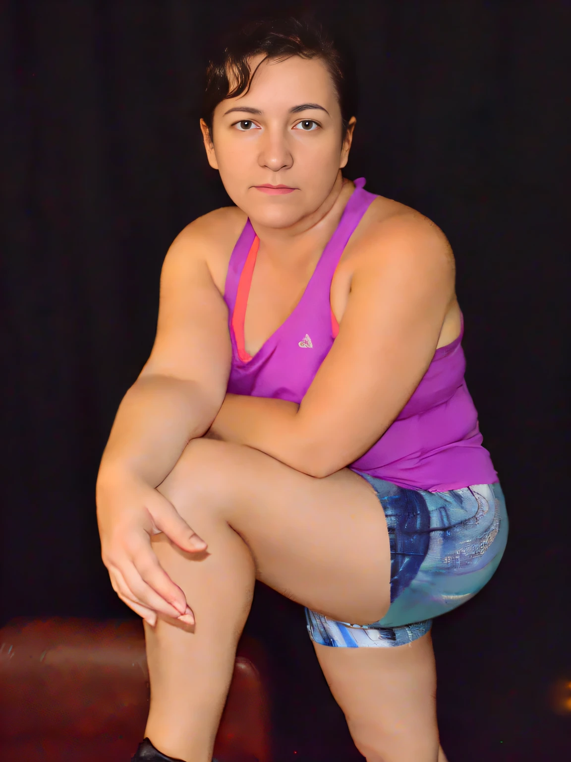 arafed woman sitting on a chair with her legs crossed, squatting pose, profile image, sitting on bent knees, 40 years old women, stoic pose, short robust woman, seductive seated pose, squatting, woman posing, by Amelia Peláez, confident relaxed pose, glamour shot, dramatic serious pose, armfold pose!, side pose, pilar