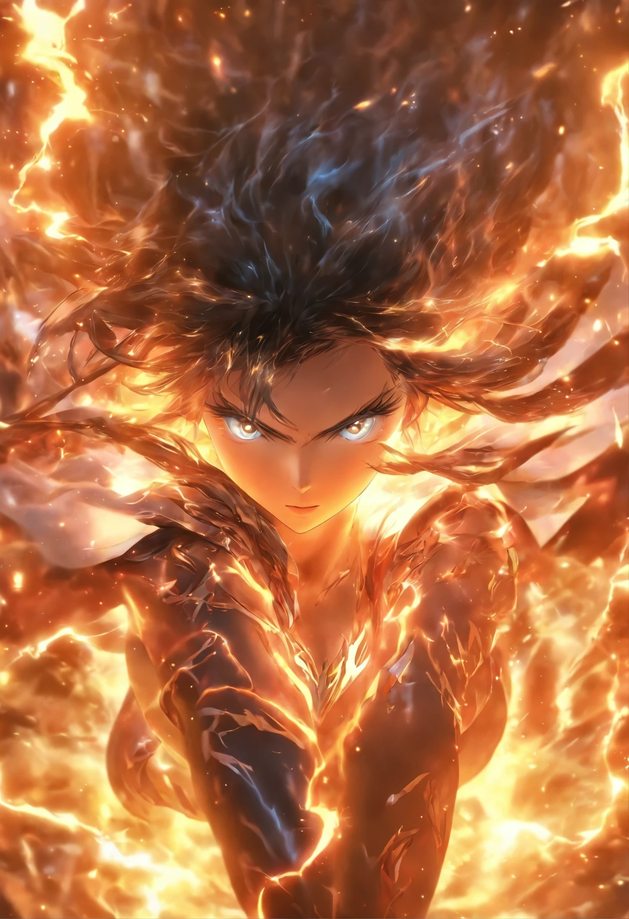 (best quality), (masterpiece), (Reality), Girl's upper body close-up, 1 girl, Black Hair, Long hair, White Veil, Lightning dendrites, Delicate eyes, beautiful facial features, Surrounded by flames, Game CG, Ultra Detailed