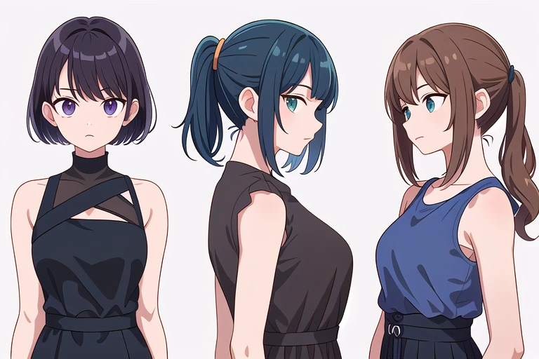 (((Best Quality))) , ((upper body)), 4 lady, adult woman, (facing away), multiple views, white background, variety of hairstyles, variety of fashion styles, fashionable and trendy atmosphere, dark blue/dark orange/dark green/dark violet/brown/white, (up to 45 degrees left), upper body,