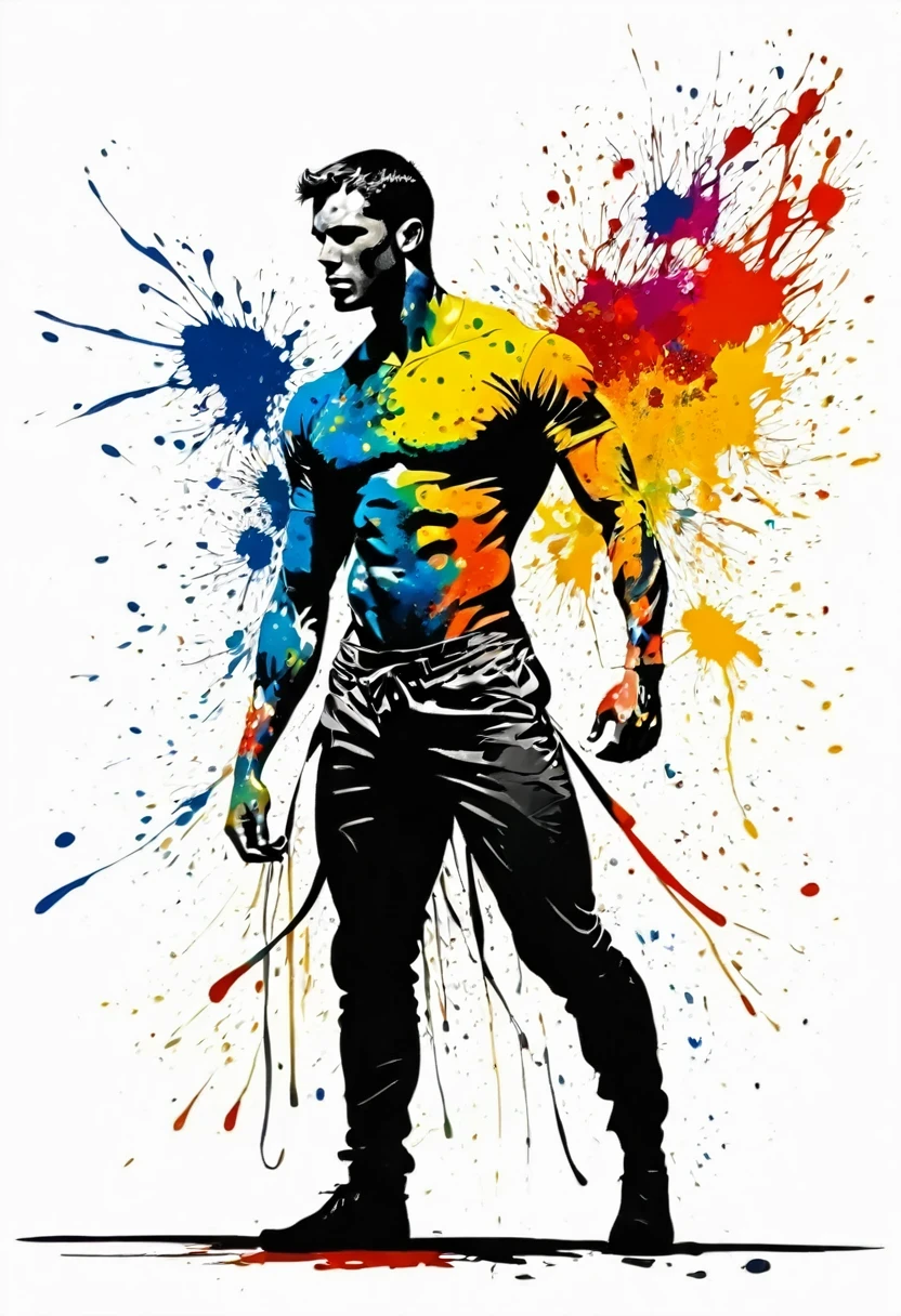 Male silhouette:jock:Dynamic poses:contour,ink splatter,Bold Colors,dynamically,rich and colorful,An abstract painting,Look closely,Like a person,artwork,mystery,design