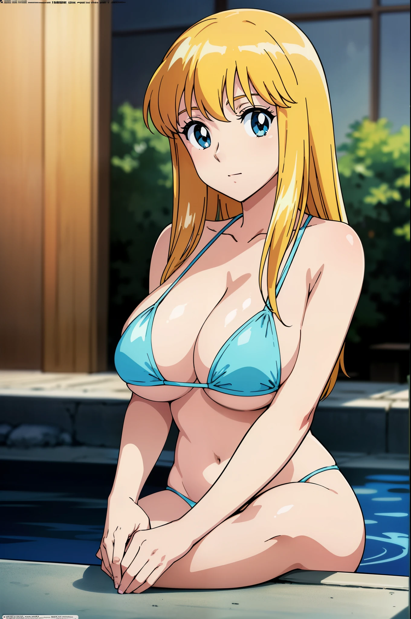(anime cels style, Masterpiece, best quality, high resolution, anime colored, megami magazine:1.2, anime poster style, anime keyvisual, sharp, 8k, photorealistic), (beautiful eyes:1.5), reiko_aiwaifu, 1girl, blond hair, long hair, (sagging huge breast), micro bikini, cleavage, (upper body:1.3), sitting, (perfect detailed anatomy, perfect arms, perfect fingers, beautiful face, perfect body, shiny skin), onsen,