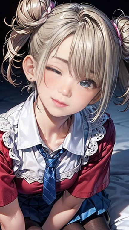 ((highest quality)), ((masterpiece)), (Very detailed), (Very high resolution), ((Realistic)), 8k, Perfect Line Drawing, Beautiful line art,
Anime 2D Rendering, (The best CG), Ultra-detailed art,
One Girl:1.5,
Symmetrical facial features:1.4, Perfect Face, Beautiful clavicle, Beautiful fingers, Beautiful breasts, (Slightly smaller chest),
Beautiful body, Beautiful thighs, Beautiful feet, Perfect round butt, (Detailed skin), (Shiny skin:1.2, Beautiful white skin:1.4),
BREAK , cute, 18-year-old,
Double eyelids, Natural eyebrows,
(Expression of fine eyes, Beautiful and delicate eyes, twinkle in the eyes, blue eyes),
Glossy mouth,
Beautiful Hair, Shiny Hair, Hair fluttering, (Silver Hair, (Double buns on both sides)),
BREAK
((Collared short-sleeved shirt, White shirt, Plain red blazer, Plain white pleated skirt, Blue checked tie))、((Sheer black pantyhose)、loafers)、
Earrings、
BREAK
(Enchanting、Embarrassed expression、Smiling face、Blushing、one eye closed), (Full Body Shot), (Are standing、Turn your face towards me、Look up here、Top view)、Sunlight、garden