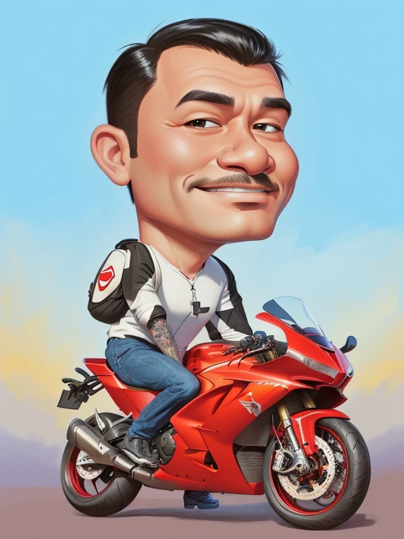 Disney Pixar, 4k, sharp man on a red motorcycle with a backpack on his shoulder, in cartoon style, caricature illustration, caricature style, CARTOON ARTstyle, caricature!!!, biker, digital art cartoon, By Abidin Dino Free Mp3 Download, cartoon digital art, caricature, CARTOON ART, inspired by Rudy Siswanto, caricature, cartoon portrait, realism art style, cartoon digital painting
