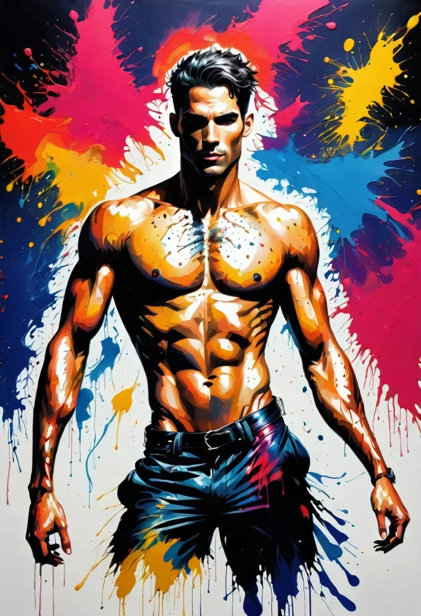 Male silhouette:jock:Dynamic poses:contour,ink splatter,Bold Colors,dynamically,rich and colorful,An abstract painting，Look closely，Like a person,artwork,mystery,design