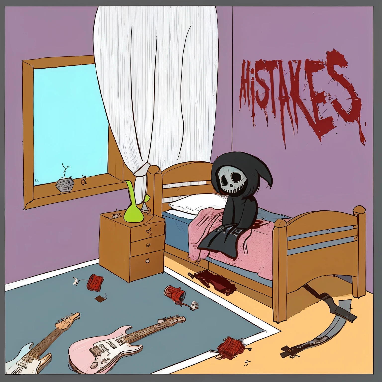 a drawing of a bed with a guitar and a guitar inside, pesadelo scene, pesadelo, pesadelos, [ Horror game ], cena temperamental dos desenhos animados, doenteness, nightmare illustration, repugnante!!, ferir, repugnante!!!, Horror game graphics, doente, faulty graphics, ghostly teenager&#39;s room, Yume Nikki, missing panels, Horror, cena assustadora, grungy pesadelo