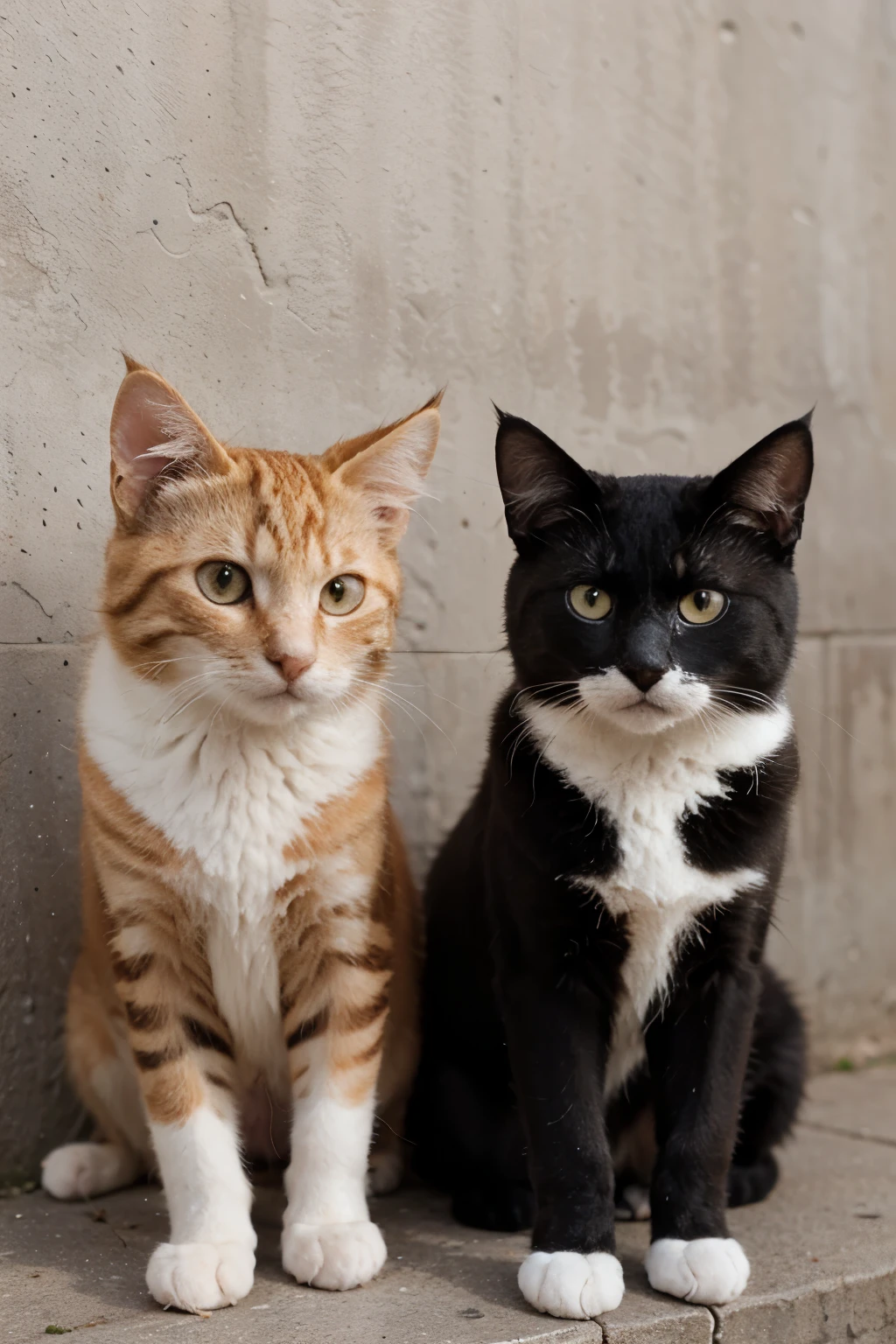 Draw a scene where only the heads of two cats, one orange and the other white, and two dogs, one brown and the other caramel, are visible, positioned alternately along a low wall. The heads are facing forward, highlighting their distinct features and facial expressions. The background is white.