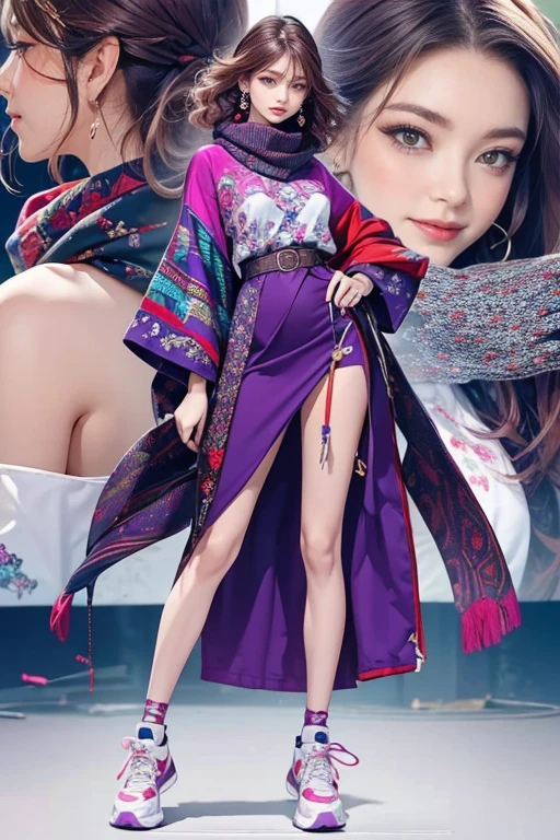highest quality, Very detailed, masterpiece, 1 person,woman,(((完璧なwomanの体))),Very beautiful face, Very beautiful body,Gentle expression, Very beautiful eyes,(Perfect Makeup:1.1),Fashion Model,Cyberpunk Fashion,Curly Hair,Shaggy Hair,Reddish purple and white-blue hair:1.3, Very thin body,Smart Abs, Monogram pattern,Gradation,Dress One Piece,Two-tone high-top sneakers,A kind smile,Full body portrait,(Nightclub Background), (Shiny skin),(Earrings),Seesul,Colorful scarves,A long shawl with an intricate pattern,
