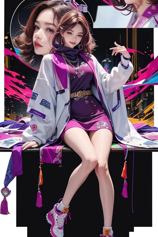 highest quality, Very detailed, masterpiece, 1 person,woman,(((完璧なwomanの体))),Very beautiful face, Very beautiful body,Gentle expression, Very beautiful eyes,(Perfect Makeup:1.1),Fashion Model,Cyberpunk Fashion,Curly Hair,Shaggy Hair,Reddish purple and white-blue hair:1.3, Very thin body,Smart Abs, Monogram pattern,Gradation,Dress One Piece,Two-tone high-top sneakers,A kind smile,Full body portrait,(Nightclub Background), (Shiny skin),(Earrings),Seesul,Colorful scarves,A long shawl with an intricate pattern,