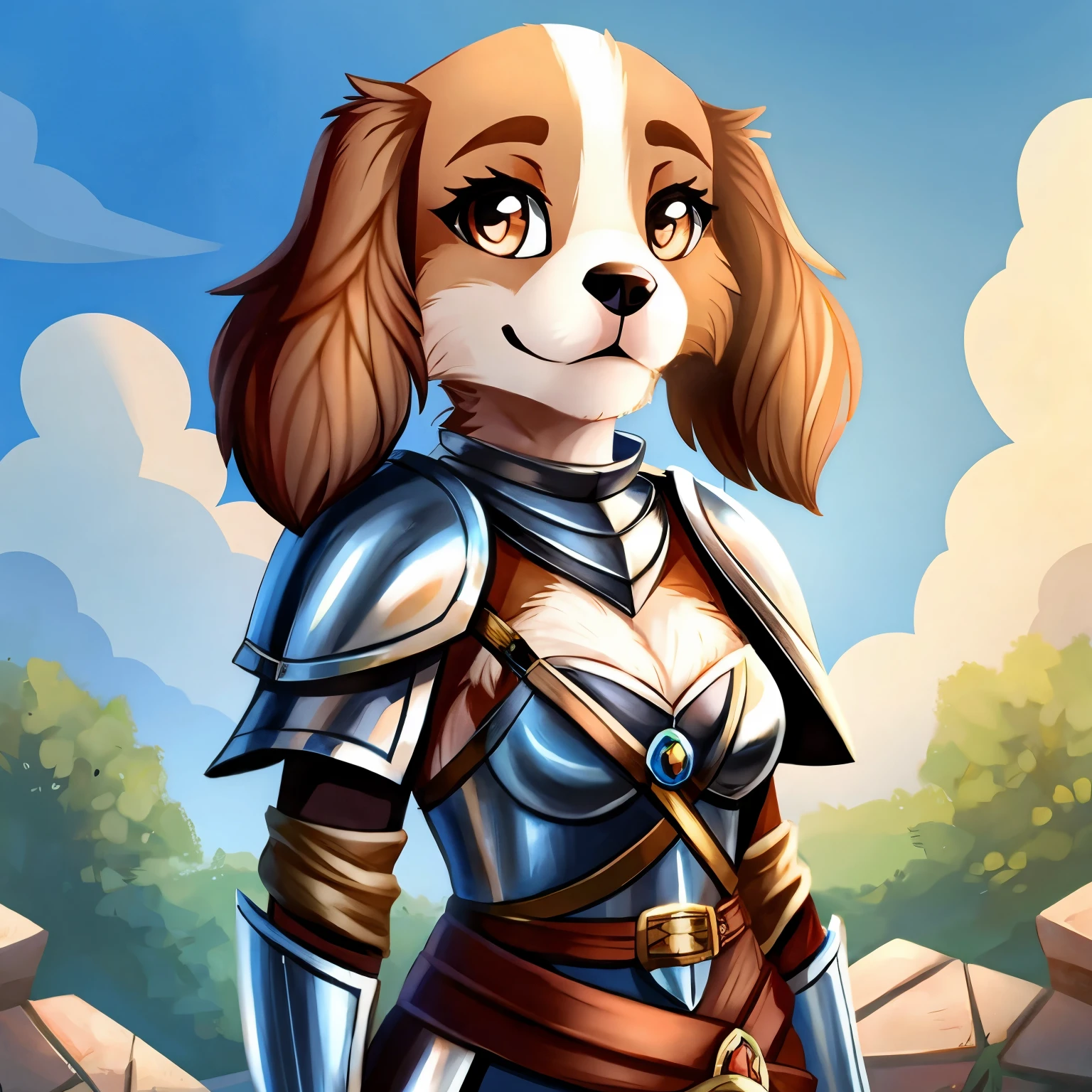 Lady the spaniel pup as furry knight girl, peach coloured fur, cute