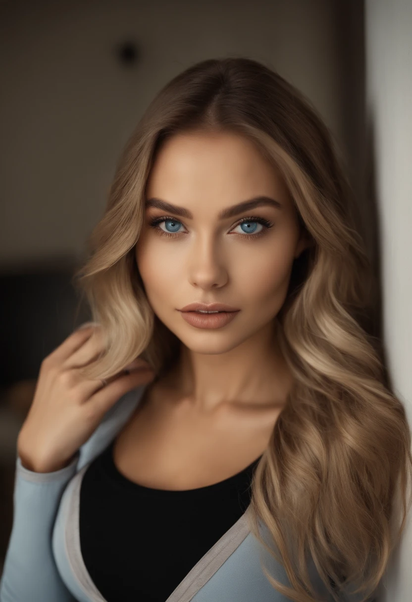 A woman in a matching T-shirt and panties, Sexy girl with blue eyes, portrait sophie mudd, Portrait of de Corinnne Kopf, blonde hair and large eyes, selfie of a young woman, Макияж Without, natural makeup, Look directly into the camera, face with artgram, dezentes Make-up, Excellent full-length photography, in a room, big breastes, blonde, Latina