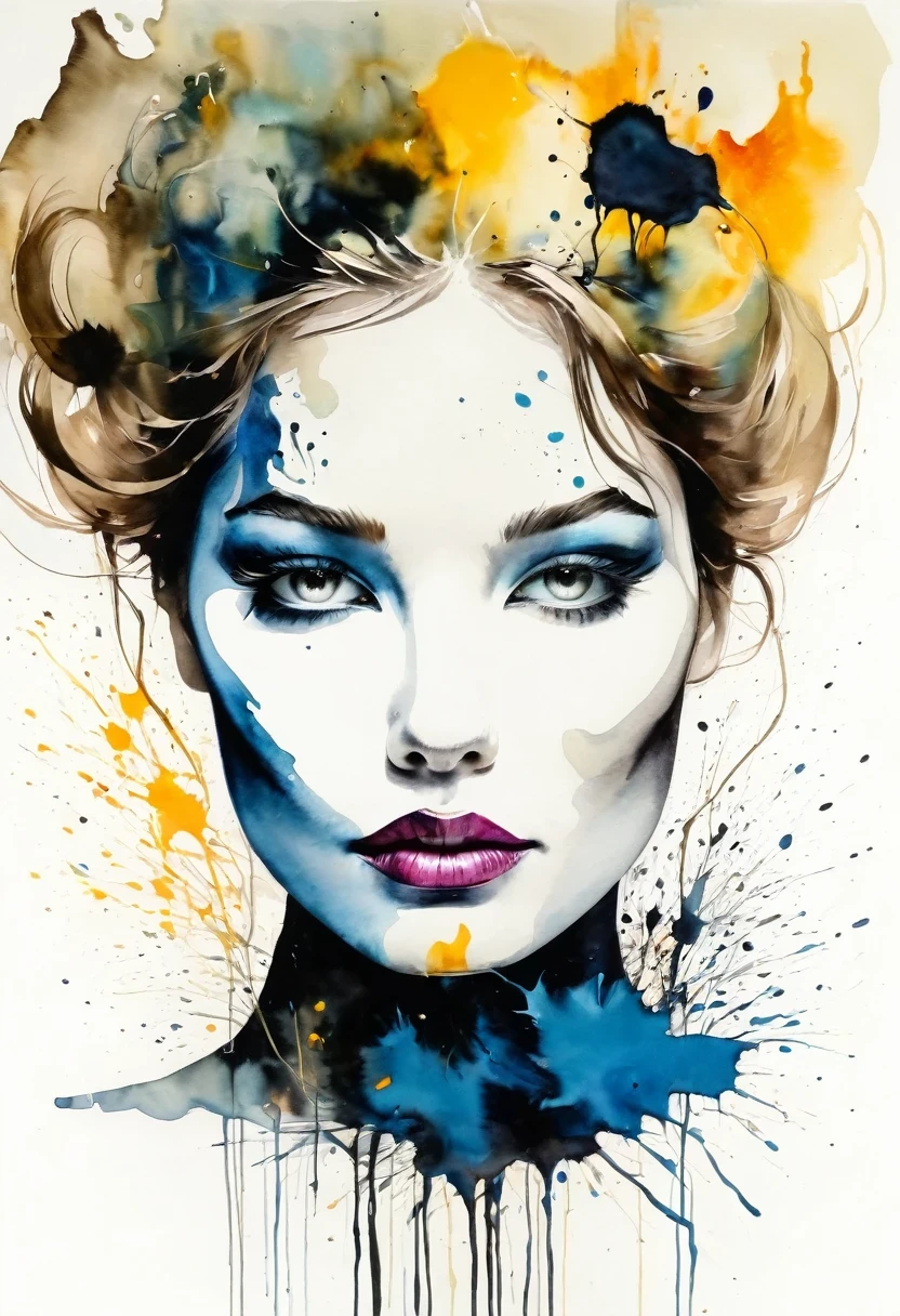 A painting of a woman with a black and white face, Sylvia Pelissero Watercolor, tumbler, Abstract Art, Intense watercolor, Watercolor Detail Art, Watercolor splash, Surreal, Avant-garde pop art, Beautiful and expressive paintings, Beautiful artistic illustration, colorful, wonderful, Cruel beauty, best quality,official art, Women only, Clear outline, Best Shot, vector art, Screenplay by Sandra Chevrier, Dave McKean、author:Richard Avedon、Screenplay by Makizi Kuciala